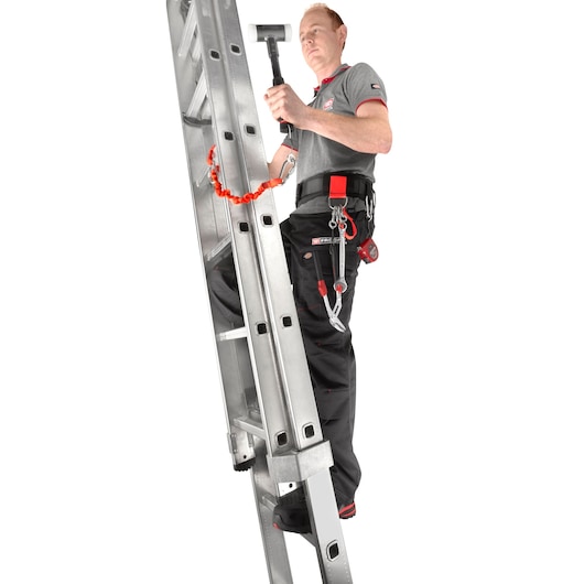 Facom CT70-100 photography of a worker with tool safety harness climbing a silver ladder, white background.