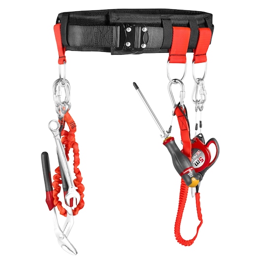 Facom CT70-100 black and red tool belt with attached lanyards, pliers, wrench, screwdriver, and measuring tape, front view.