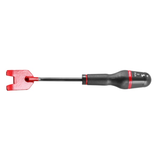 Photo of Facom D_115A trim clip remover with black ergonomic handle and red forked tip, side view on white background.