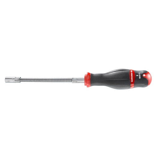 Facom D_133C7 flexible shaft nut driver, black and red handle, side angle on white background.
