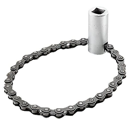 Facom D149 chain wrench tool with silver metal socket and steel chain, side angle on white background.