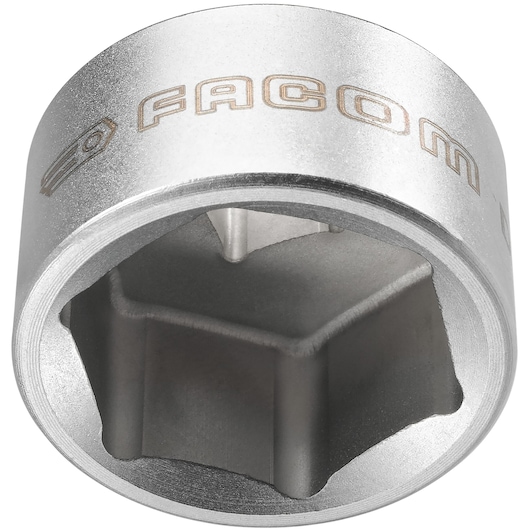 Photo of Facom D163-30 chrome socket, hexagonal design, close-up angle on white background, hand tool accessory.