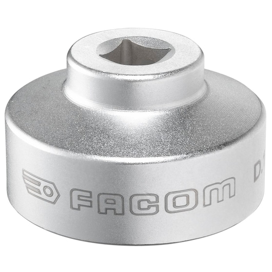 Photo of Facom D_163-38 silver socket adapter, side angle, with Facom logo visible.