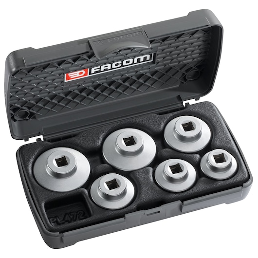 Facom D_163-J6PB socket set with six silver sockets in a black hard case, product photo top angle.