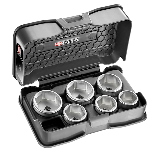 Facom D_163-J6 socket set with six large chrome sockets in black plastic case, top view, SKU D_163-J6.