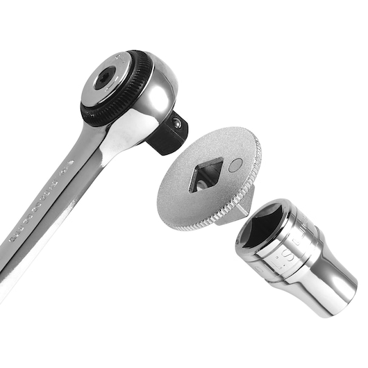 Facom D_169 ratchet handle and socket adapter photographed from side on white background.