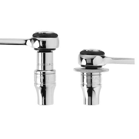 Facom D_169 chrome ratchet handles, side and front angle on white background, tool photography.