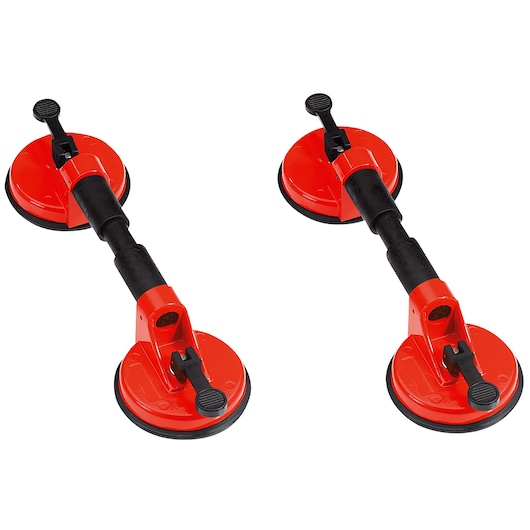 Facom D.28A1 red and black double suction cup lifters, photography, side angle, white background.