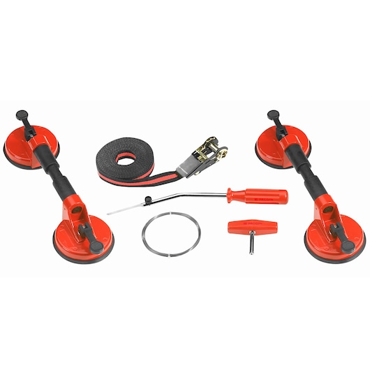 Facom D28B glass handling tool kit with suction cups, strap, screwdriver, T-handle and wire, front view.