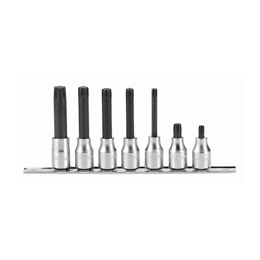 Facom D_34J7 silver and black socket bit set on rail, photography, front view.