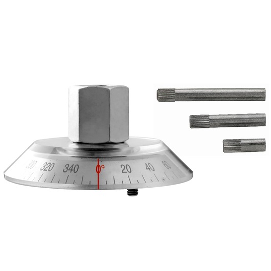 Facom D_360L angle gauge tool with silver dial, large hex nut on top, and three metal rods, front view, white background.