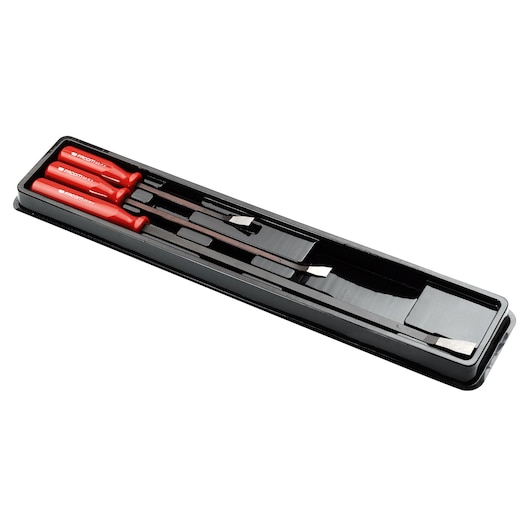 Facom D_3J3 flat pry bar set with red handles, three pieces in black tray, angled view.
