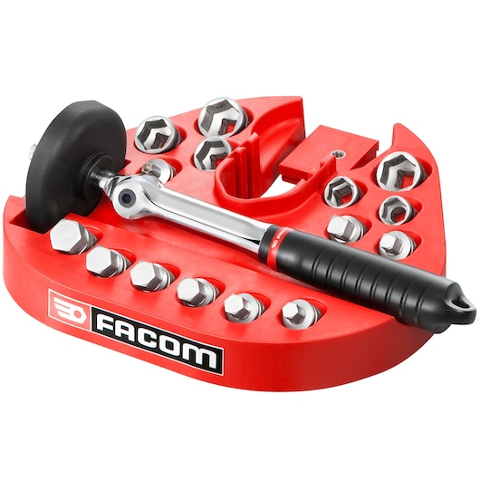Facom D.48-KITPB ratchet wrench set with sockets in a red holder, product photo on white background.