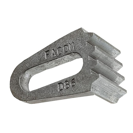 Photo of Facom D86 metal tool part showing grooved edge, engraved with Facom and D86, angled on white background.