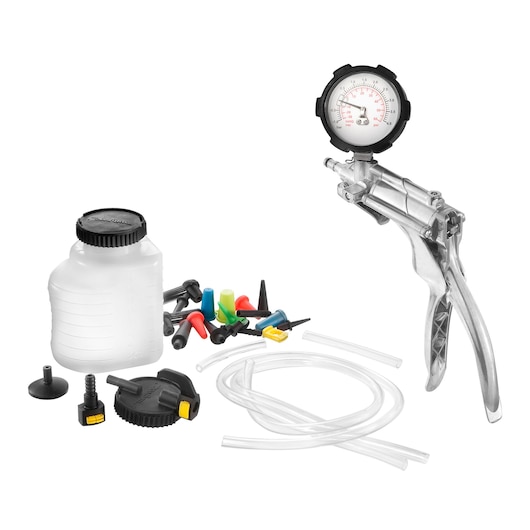 Facom DA_160 manual vacuum pump kit with gauge, fluid container, adapters, tubing, front angle, white background.