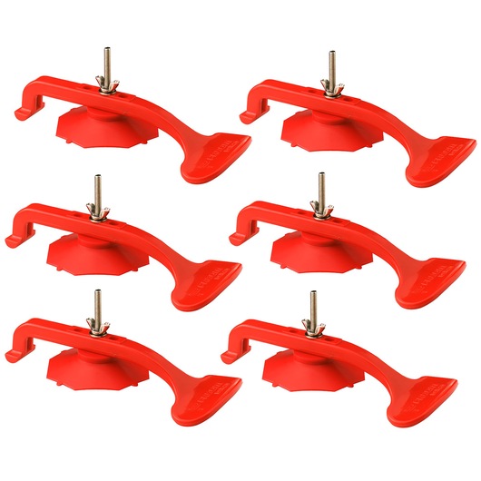 Facom DCR20J6 red plastic pipe support clamps set, side view, six pieces on white background.