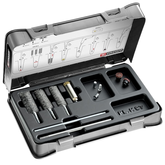 Facom DCR_ICB wire brush and cleaning kit in black case, open lid showing contents on white background.