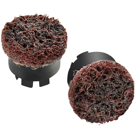 Two abrasive cleaning discs with a coarse, dark maroon surface and black plastic backing, designed for use with power tools.