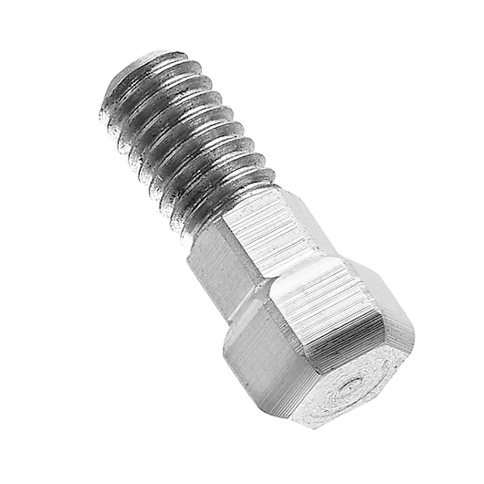 A close-up image of a metallic bolt with a hexagonal head and threaded shaft, photographed on a white background.