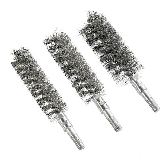 Three cylindrical wire brushes with threaded metal handles, used for cleaning or polishing surfaces.