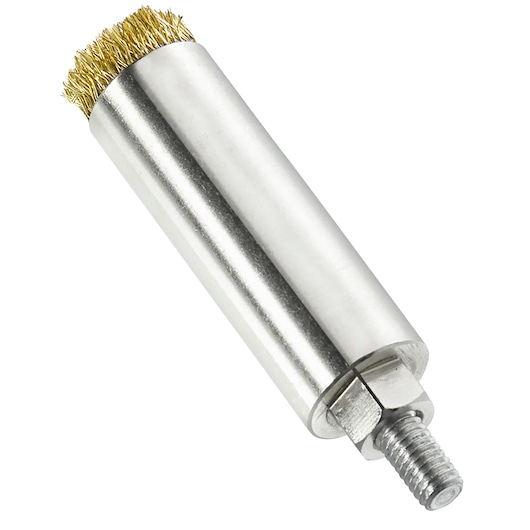A close-up of a cylindrical metal tool attachment with brass wire bristles at one end and a threaded bolt at the other end, photographed on a white background.