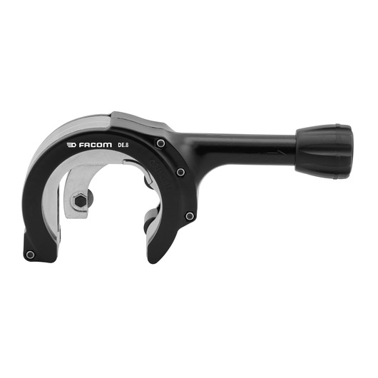 Facom DE.8 pipe cutter with ergonomic handle, black and silver, side view on white background.