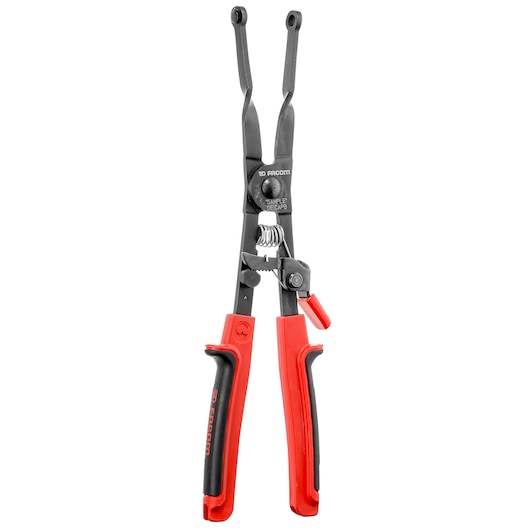 Facom DE.CAPB snap ring pliers with red and black handles, front angle, white background.