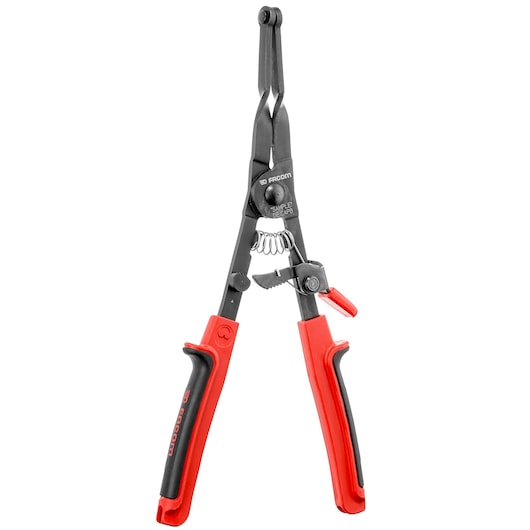 Facom DE.CAPB snap ring pliers with black jaws and red handles, front angle on white background.