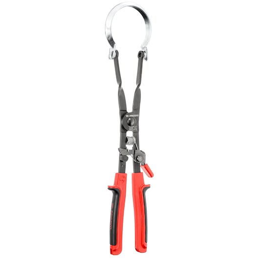 Facom DE.CAPB hose clamp pliers with red and black handles, front view on white background.