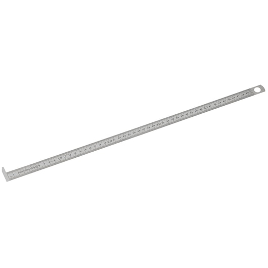 Facom DELA.1052.200 stainless steel ruler with metric markings, end stop, hole for hanging, top view.