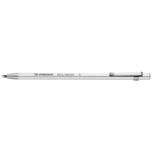 Facom DELA_1589_00A silver hexagonal pen with clip, side view, white background.