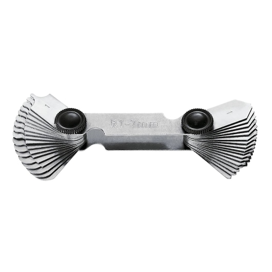 Facom DELA178600 metal radius gauge with multiple folding blades, flat lay angle on white background.