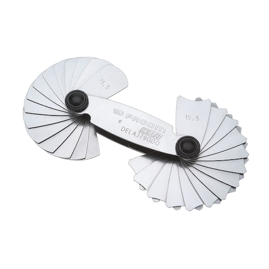 Facom DELA179000 gauge set with multiple silver blades, top view on white background.