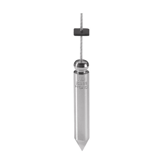 Facom DELA_3224_00 metal plumb bob with pointed tip and hanging wire, front view on white background.