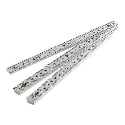 Facom DELA40100 folding ruler, white with black markings, three-segment, angled product photo on white background.