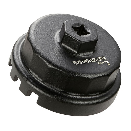Facom DEP_T2 black metal oil filter wrench, top angle, embossed logo and SKU visible.