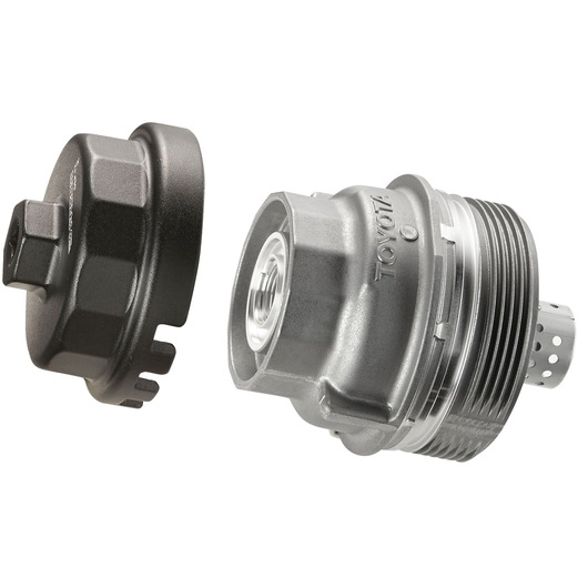Facom DEP_T2 automotive oil filter cap tool and metal filter housing, side angle, on white background.