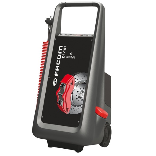 Facom DF_101 mobile brake bleeder with black and grey body, red accents, and brake disc graphic, front angle.