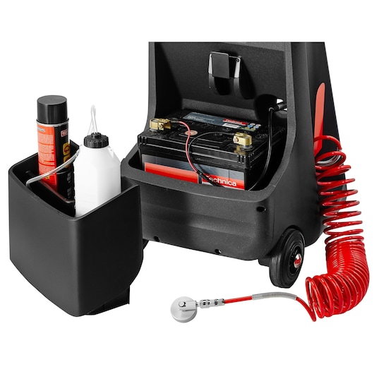 Facom mobile battery-powered tool with red coiled hose, bottle, and spray can, DF_101, side angle on white background.
