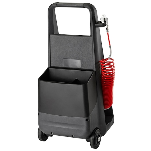 Facom DF_101 black mobile utility cart with large storage bin and red coiled air hose, front angle.