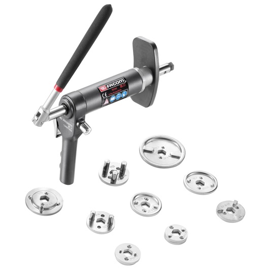 Facom DF_17-100A brake caliper tool kit with black handle and metal adapter plates, white background, top angle.