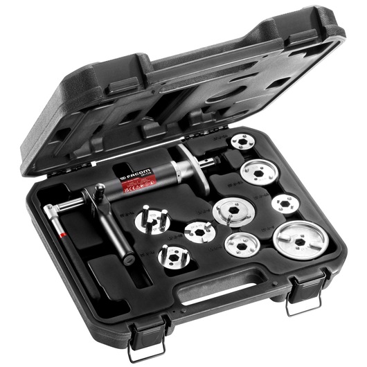 Facom DF.17A-100 pipe flaring tool kit with multiple dies and components in black hard case, angled view.