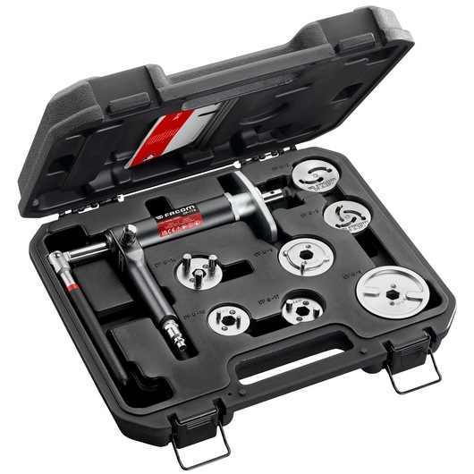 Facom DF.17A-P die set with multiple round dies and handle in a black hard case, angled top view.