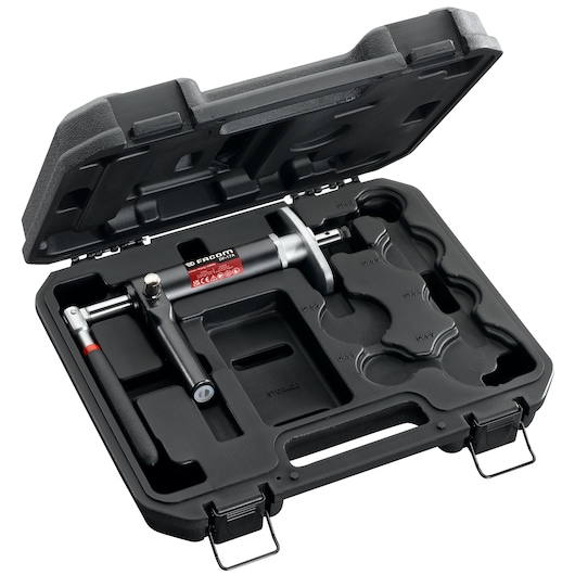 Facom DF.17A tool kit in black hard case, photography of open set with handle and attachments.