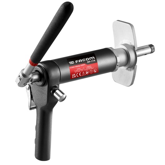 Photo of Facom DF.17A pneumatic tool with black handle and red label, side angle on white background.