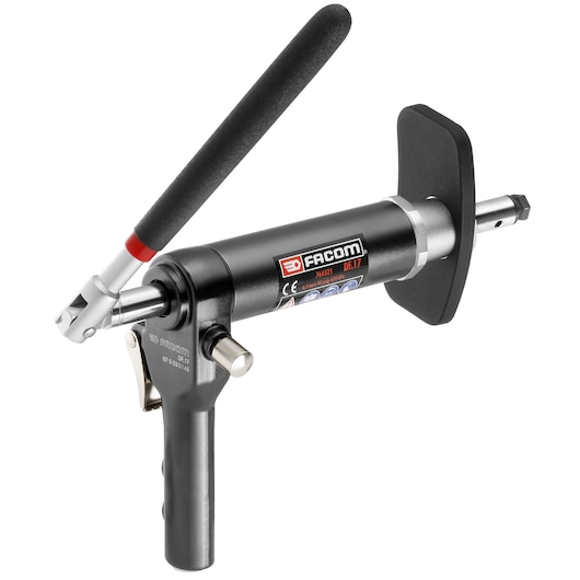 Facom DF_17 hand rivet tool with black grip handle, side lever, and protective shield, angled on white background.
