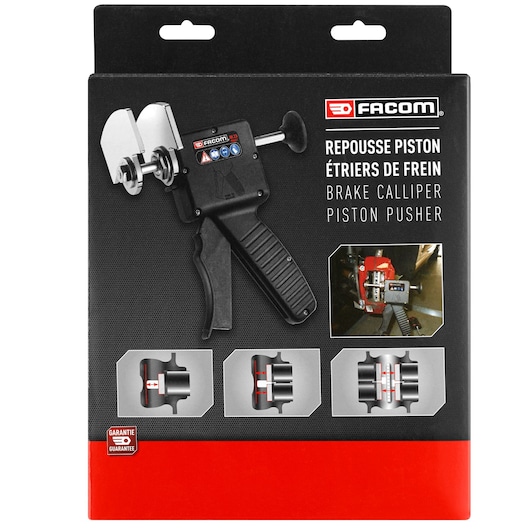 Photo of Facom DF.23PB brake caliper piston pusher tool in retail packaging, front view with usage illustrations.