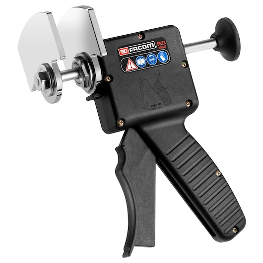 Photo of Facom DF_23 hand-operated glass breaking tool, black handle, silver blades, side angle, white background.