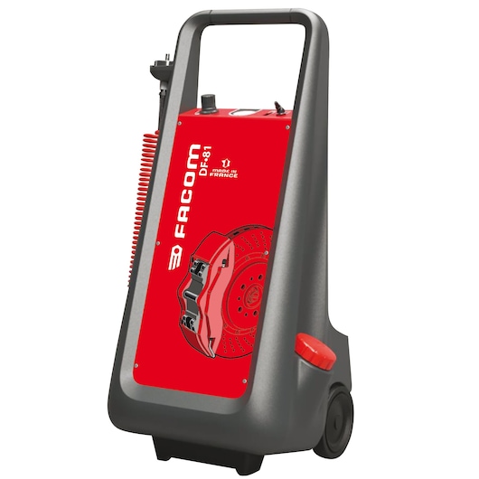 Facom DF_81 mobile brake bleeder unit in gray and red, shown at front angle with wheels and handle.