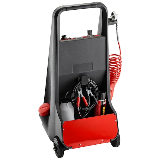 Facom DF_81 portable diagnostic cart with wheels, red accents, cables, hose, and storage compartments, front angle.